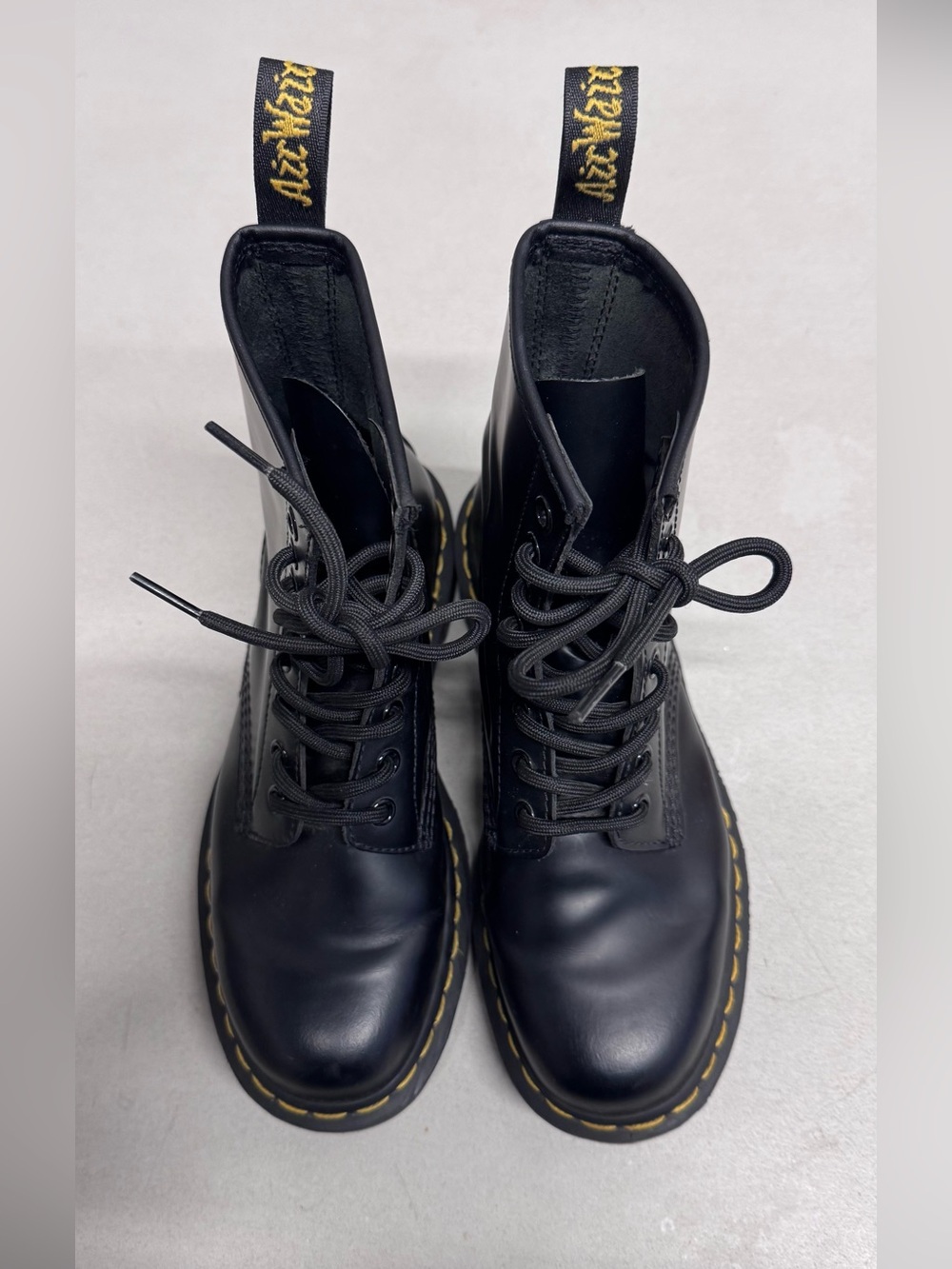 Dr. Martens Black Leather Lace-Up Combat Boots with Yellow Stitching